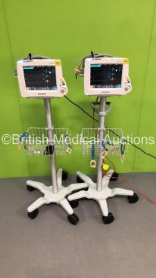 2 x Philips IntelliVue MP30 Patient Monitors Ref 862135 on Stands with 2 x Philips M3001A Patient Modules with Press/Temp,NBP,SpO2 and ECG/Resp Options * Mfd 2019 / 2013 *,2 x BP Hoses,2 x SpO2 Finger Sensors and 2 x 3-Lead ECG Leads (Both Power Up-Both C - 2