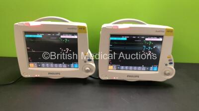 2 x Philips IntelliVue MP30 Patient Monitors *Mfds - 03/2011* with 2 x Philips M3001A Opt: A01C12C06 Multiparameter Modules with Press, Temp, NBP, SPO2 and ECG Resp Options *Mfds - 03/2011 and 03/2015* (Both Power Up, 1 x Damaged Casing - See Photos) *DE9