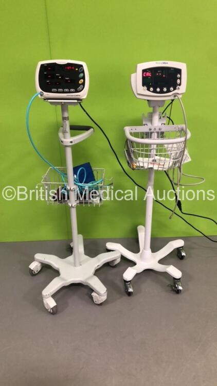 1 x Huntleigh SmartSigns Lite Plus Patient Monitor on Stand with BP Hose and Cuff and 1 x Welch Allyn 53N00 Vital Signs Monitor on Stand with SPO2 Finger Sensor and BP Hose (Both Power Up) *S/N JA125961 / 113614120003*