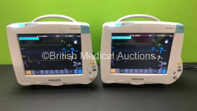 2 x Philips IntelliVue MP50 Patient Monitors (Both Power Up) with 2 x Philips M3001A Modules Including Press-Temp, NBP, SpO2, ECG and Resp Options *Mfd 2015 - 2014* **DE6220ECY1 - DE4680E7R3 - DE483B7447 - DE483B7828*