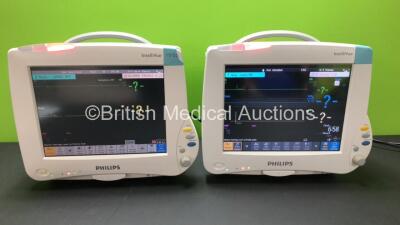 2 x Philips IntelliVue MP50 Patient Monitors (Both Power Up) with 2 x Philips M3001A Modules Including Press-Temp, NBP, SpO2, ECG and Resp Options *Mfd 2013 - 2012* **DE9070AUJN - DE63216530 - DE44029925 - DE483B7831*