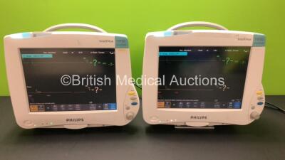 2 x Philips IntelliVue MP50 Patient Monitors (Both Power Up) with 2 x Philips M3001A Modules Including NBP, SpO2, ECG and Resp Options *Mfd 2010 - 2008* **DE907X0955 - DE717N5529 - DE44029958 - DE72852270*