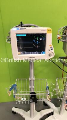 2 x Philips IntelliVue MP30 Patient Monitors Ref 862135 on Stands with 2 x Philips M3001A Patient Modules with Press/Temp,NBP,SpO2 and ECG/Resp Options * Mfd 2019 / 2013 *,2 x BP Hoses,2 x SpO2 Finger Sensors and 2 x 3-Lead ECG Leads (Both Power Up-Both C - 4