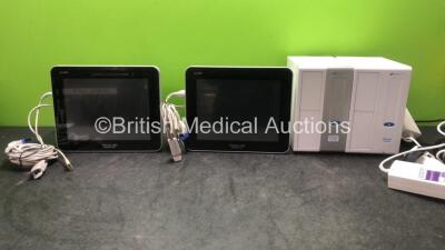 Job Lot Including 2 x Spacelabs Qube Model 91390 Touch Screen Compact Bedside Monitors Including ECG, SpO2, T1-2, NIBP, hlo 1 and hlo 2, P1-2 and T1-2 Options, (Both Power Up) 2 x Spacelabs Medical Model 91387 Module Racks with 2 x AC Power Supplies (Bot