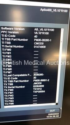 Toshiba Aplio 400 Flat Screen Ultrasound Scanner TUS-A400 *S/N WAB1512021* **Mfd 01/2015 ** Software Version AB_V5.10*R100 with 3 x Transducers / Probes (PVT-375BT *Mfd 03/2010 / PVT-674BT Mfd 04/2018 / and PVT-781VT Mfd 02/2015) (Powers Up) ***IR335*** - 10