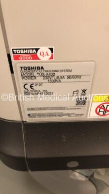 Toshiba Aplio 400 Flat Screen Ultrasound Scanner TUS-A400 *S/N WAB1512021* **Mfd 01/2015 ** Software Version AB_V5.10*R100 with 3 x Transducers / Probes (PVT-375BT *Mfd 03/2010 / PVT-674BT Mfd 04/2018 / and PVT-781VT Mfd 02/2015) (Powers Up) ***IR335*** - 18