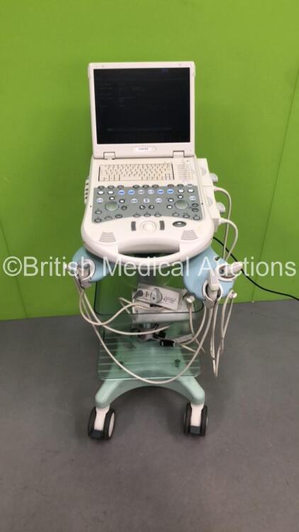 Esaote Portable Ultrasound Scanner Ref 980 7340 002 System Software RES 1.01 ODS 12.10 STD 11.01 with 3 x Transducers / Probes (CA431 Ref 9600177000 / LA405 Ref 9600173000 and PA230E Ref 9600165000) (Powers Up)