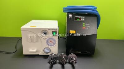 Mixed Lot Including 1 x Olympus KV-5 Suction Pump (Powers Up), 1 x FlexMort K32 Portable Mortuary Cooling Unit with Hose (Powers Up with Fluid Fault Alarm) and 3 x Karl Storz 487UO Light Source Adapters