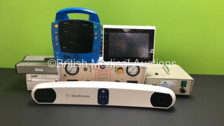 Mixed Lot Including 1 x Medtronic Polaris Spectra Position Sensor, 1 x GE Dinamap ProCare 300 Vital Signs Monitor (Missing Battery and Battery Housing), 1 x Ambu aView Monitor, 1 x SapiMed Light Source, 1 x Sony UP-X898MD Hybrid Graphic Printer, 1 x Dante