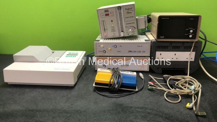 Mixed Lot Including 1 x Albyn Medical 2300 Reader (Powers Up) 1 x EME Medical Infant Flow NCPAP Driver Oxygen Meter (Powers Up with Alarm) 1 x Monopolar Footswitch, 2 x Zan Oxi 600 USB Units (Both Untested Due to Missing Power Supplies) 1 x S&W Diascope D