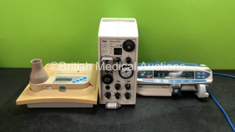 Mixed Lot Including 1 x Vitalograph 2130 Spirometer (Untested Due to Missing Power Supply) 1 x Drager Babylog 2000 Ventilator (Powers Up with Damaged Dial-See Photo) 1 x Cardinal Health Alaris GH Syringe Pump (Powers Up)