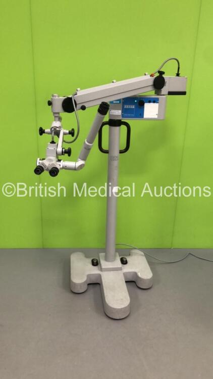 Zeiss OPMI19-FC Surgical Microscope with Training Arm, 2 x 12,5x Eyepieces, 1 x 10x Eyepiece and Zeiss f 200 Lens on Zeiss S21 Stand (Powers Up - No Light -Suspect Blown Bulb - Eyepieces have Damaged Surrounds - See Pictures) *S/N 217518* **A/N 108588*