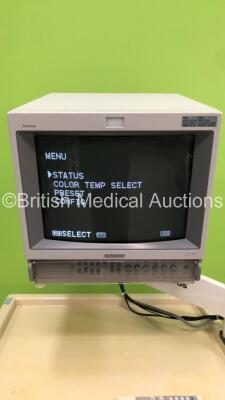 Olympus Video Trolley with Sony Trinitron Monitor, Olympus OES OTV-S6 Advanced Digital Multi Processor, Olympus OES CLV-S30 Light Source and Sony UP-2850P Colour Video Printer (Powers Up) *S/N FS0117314 / FS01172479 / FS0117311 / FS0117313* - 3