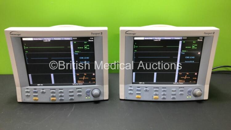 2 x Datascope Passport 2 Patient Monitors Including ECG, IBP1, IBP2, SpO2 and T1 Options (Both Power Up) *SN CM14736-A2 - CM15178-C2*