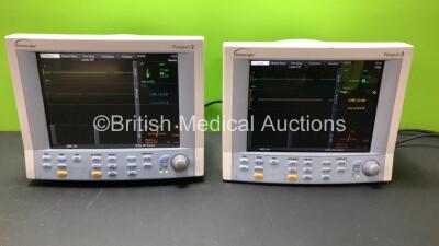 2 x Datascope Passport 2 Patient Monitors Including ECG, IBP1, IBP2, SpO2 and T1 Options (Both Power Up with Slight Casing Damage - See Photo) *SN CM15205-C2 - CM10053-E1*