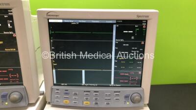 2 x Datascope Spectrum Patient Monitors Including ECG, IBP1, IBP2, SpO2 and T1 Options, 2 x Datascope Gas Module SE Including D-fend Water Trap (Powers Up) *SN MS01400-C6, 5132840-D4, 5132843-D4, MM02957-14* - 2