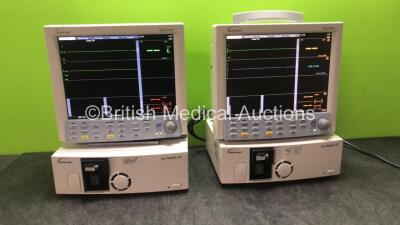 2 x Datascope Spectrum Patient Monitors Including ECG, IBP1, IBP2, SpO2 and T1 Options, 2 x Datascope Gas Module SE Including D-fend Water Trap (Powers Up) *SN MM01389-E3, 5046674, MM17206A8, 4985606-H3*