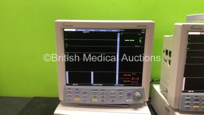 2 x Datascope Spectrum Patient Monitors Including ECG, IBP1, IBP2, SpO2 and T1 Options, 2 x Datascope Gas Module SE Including D-fend Water Trap (Powers Up) *SN MM01389-E3, 5046674, MM17206A8, 4985606-H3* - 2