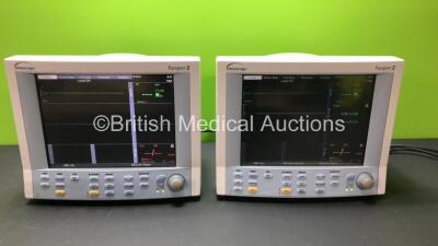 2 x Datascope Passport 2 Patient Monitors Including ECG, IBP1, IBP2, SpO2 and T1 Options (Both Power Up) *SN CM08297-B1 - CM08327-B1*