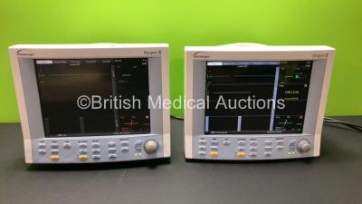 2 x Datascope Passport 2 Patient Monitors Including ECG, IBP1, IBP2, SpO2 and T1 Options (Both Power Up) *SN CM08320-B1 - CM13558-K1*