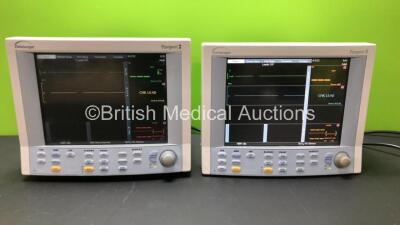 2 x Datascope Passport 2 Patient Monitors Including ECG, IBP1, IBP2, SpO2 and T1 Options (Both Power Up) *SN CM05279-J0 - TM02183-J2*