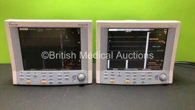 2 x Datascope Passport 2 Patient Monitors Including CO2, ECG, IBP1, IBP2, SpO2 and T1 Options (Both Power Up with Slight Casing Damage - See Photo) *SN TM08919-A4 - TM08921-A4*