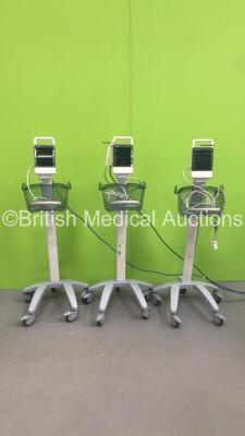 3 x Mindray VS-600 Vital Signs Monitors on Stands with BP Hoses (All Power Up -Marks to All Units - 1 Mounting Point Damaged) *S/N FS0175077 / FS0175093 / FS0175093*