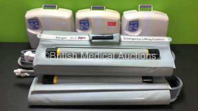 Job Lot Including 3 x Mangar ELK Emergency Lifting Cushions with 3 x Control Hoses (1 x Missing Button - See Photo) and 3 x Airflo MK2 Compressors *156826 - 172101 - NA*