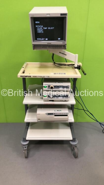 Olympus Video Trolley with Sony Trinitron Monitor, Olympus OES OTV-S6 Advanced Digital Multi Processor, Olympus OES CLV-S30 Light Source and Sony UP-2850P Colour Video Printer (Powers Up) *S/N FS0117314 / FS01172479 / FS0117311 / FS0117313*