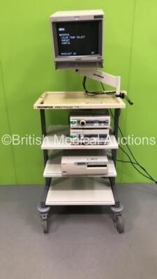 Olympus Video Trolley with Sony Trinitron Monitor, Olympus OES OTV-S6 Advanced Digital Multi Processor, Olympus OES CLV-S30 Light Source and Sony UP-2850P Colour Video Printer (Powers Up) *S/N FS0117314 / FS01172479 / FS0117311 / FS0117313* - 2