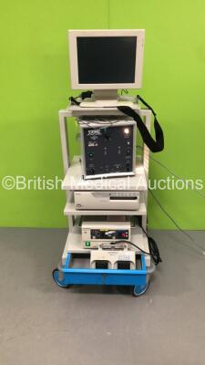 Stack Trolley Including ACIST Monitor,Karl Storz Blitzgenerator Flashgenerator 600 Unit,Sony Color Video Printer and Olympus OES PSD-20 Electrosurgical/Diathermy Unit with Olympus MH-551 Footswitch (2 x Powers Up,No Power to Monitor)