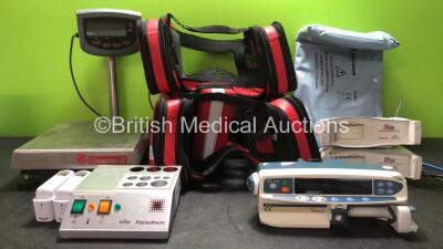 Mixed Lot Including 1 x Dhaus Digital Weighing Scales (Untested Due to Missing Batteries) 2 x Welch Allyn PRO 6000 Ear Thermometers (Both Power Up) 3 x Heart Start Intrepid Defibrillator Carry Bags, 1 x Cardinal Health Alaris CC Syringe Pump (Powers Up wi