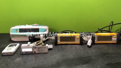 Mixed Lot Including 1 x CME Medical T34 Ambulatory Syringe Pump (Powers Up with System Error-See Photo) 1 x Cardinal Health Alaris PK Pump (Powers Up with Blank Screen and Alarm) 1 x Fukuda Denshi HS-8312N Module Including ECG, SpO2, AUX, MULTI 1, 2, 3 an