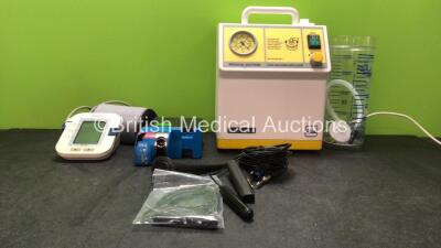 Mixed Lot Including 1 x SAM 12 Suction Unit with 1 x Cup (Powers Up with Missing Lid-See Photos) 1 x Omron M6 Comfort BP Meter (Untested Due to Missing Batteries) 1 x Datex Ohmeda Aladin 2 Desflurane Vaporizer (Damaged Cover-See Photo) 4 x Patient Respons