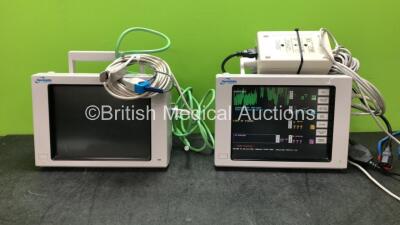 2 x Spacelabs Medical 90367 Patient Monitor Including ECG, hlo1, hlo2, NIBP, P1-2, P3-4, SpO2, CO and T1-2 Options with 2 x Spo2 Finger Sensors, 1 x ECG Lead and 1 x AC Power Supply (Both Power Up)