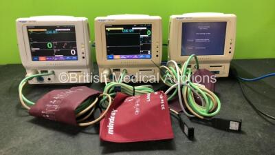 3 x Dynascope Fukuda Denshi DS-7100 Patient Monitors Including ECG/RESP, SpO2, TEMP, BP, NIBP and Printer Options with 3 x ECG Cables, 3 x NIBP Hoses and 3 x BP Cuffs (All Power Up)