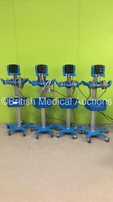 4 x GE Carescape V100 Patient Monitors on Stands with 4 x SpO2 Finger Sensors and 4 x BP Hoses (All Power Up)