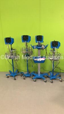 4 x GE Carescape V100 Patient Monitors on Stands with 4 x SpO2 Leads and 4 x BP Hoses (All Power Up)