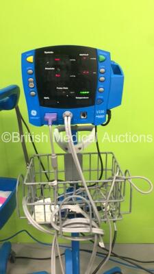 4 x GE Carescape V100 Patient Monitors on Stands with 4 x SpO2 Leads and 4 x BP Hoses (All Power Up) - 2