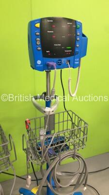 3 x GE Carescape V100 Patient Monitors on Stands with 3 x SpO2 Finger Sensors and 3 x BP Hoses (All Power Up) - 3