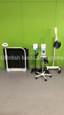 Mixed Lot Including 1 x Brandon Medical Patient Examination Light on Stand (No Power),2 x Accoson BP Meters on Stands,1 x Heine BP Meter on Stand and 1 x Seca Roll On Weighing Scales