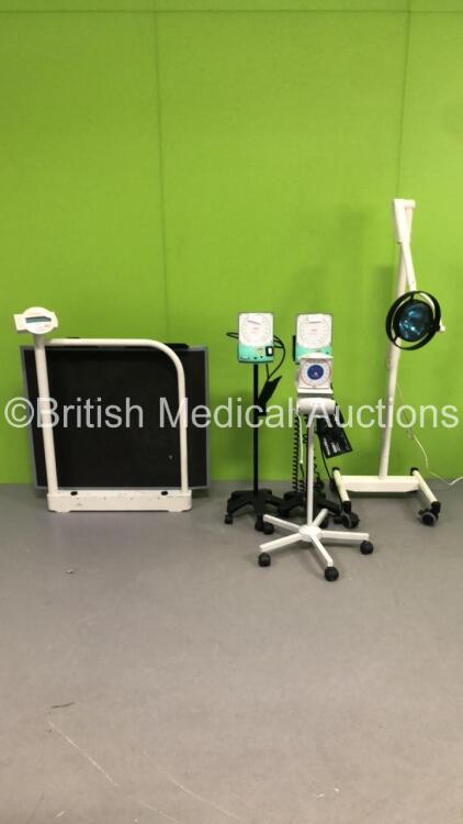 Mixed Lot Including 1 x Brandon Medical Patient Examination Light on Stand (No Power),2 x Accoson BP Meters on Stands,1 x Heine BP Meter on Stand and 1 x Seca Roll On Weighing Scales