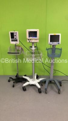 Job Lot of Patient Monitors Including 1 x Fukuda Denshi DS-7100 Dynascope with ECG/Resp,SpO2,NIBP,BP,Temp and Printer Options on Stand,1 x Datascope Trio on Stand with SpO2,T1,ECG and NIBP Options * Damaged Buttons-See Photos * and 1 x Datascope Accutorr 