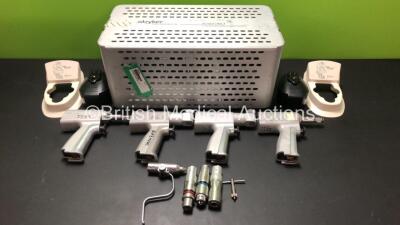 Job Lot of Stryker Instruments Including 4 x System 5 Handpieces, 4 x Attachments, 2 x Aseptic Housing 4126-120 and 2 x Battery Shields 4126-130 in Stryker Metal Tray