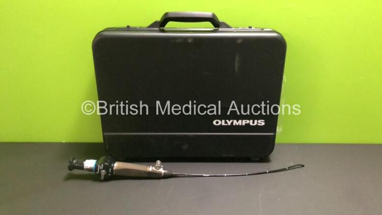 Olympus ENF-GP Nasopharyngoscope in Case - Engineer's Report : Optical System - 1 Broken Fiber and Minor Stain, Angulation - No Fault Found, Insertion Tube - Minor Kinks Present, Light Transmission - No Fault Found, Leak Check - No Fault Found *W901894*