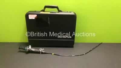 Olympus LF-GP Laryngoscope in Case - Engineer's Report : Optical System - No Fault Found, Angulation - No Fault Found, Insertion Tube - Minor Kink, Light Transmission - No Fault Found, Channels - Leaking, Leak Check - Slow Leak from Channel and Eyepiece *