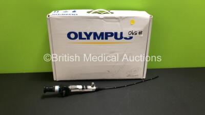 Olympus ENF-GP Nasopharyngoscope in Box - Engineer's Report : Optical System - 6 Broken Fibers, Angulation - No Fault Found, Insertion Tube - Kinked and Bad Twist Near Bending Section Where Leaking, Light Transmission - No Fault Found, Leak Check - Leak P