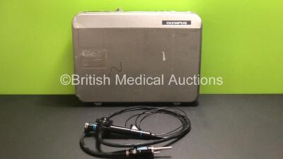 Olympus Prototype 2 Meter Endoscope in Case - Engineer's Report - Optical System - 10 Broken Fibers and Yellowing Image, Angulation - Ok, Insertion Tube - Crush and Kink Marks Throughout, Channels - Unable to Check, Leak Check - No Fault Found *A11214*