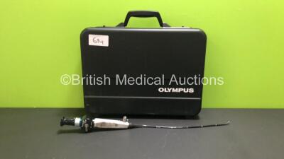 Olympus ENF-GP Nasopharyngoscope in Case - Engineer's Report : Optical System - 1 Broken Fiber and Very Minor Stain, Angulation - No Fault Found, Insertion Tube - Minor Kink and Minor Crush Marks, Light Transmission - No Fault Found, Leak Check - No Fault