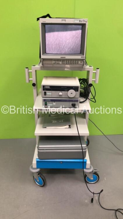 Stack Trolley Including Sony Trinitron Monitor,Storz Xenon Nova 201315 20 Light Source Unit,Storz Telecam SL PAL 202120 20 Camera Control Unit,Storz Telecam 20212030 PAL Camera Head and Storz Case (Powers Up) * SN BK5872 / FLP018887 / BLH014840 *